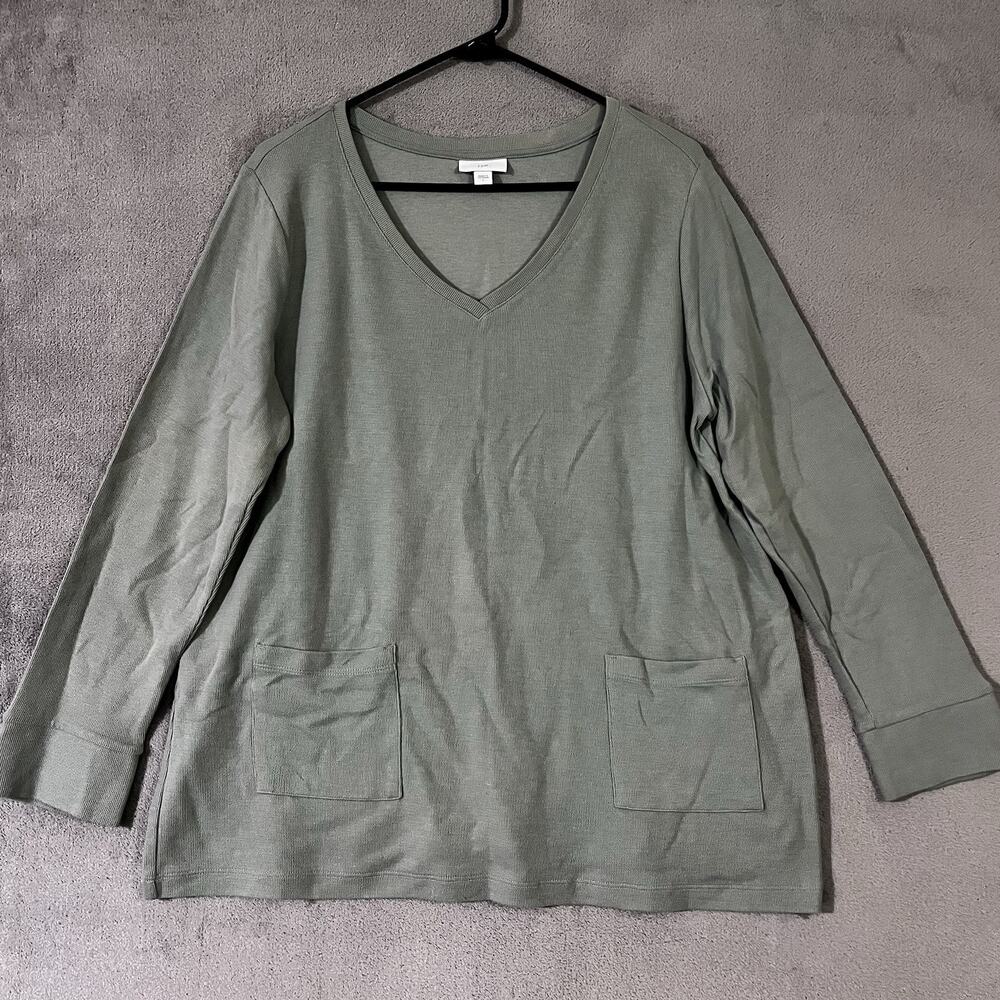 J. Jill Textured Tunic Top Mineral Green Womens Sz L Pockets Long Sleeve